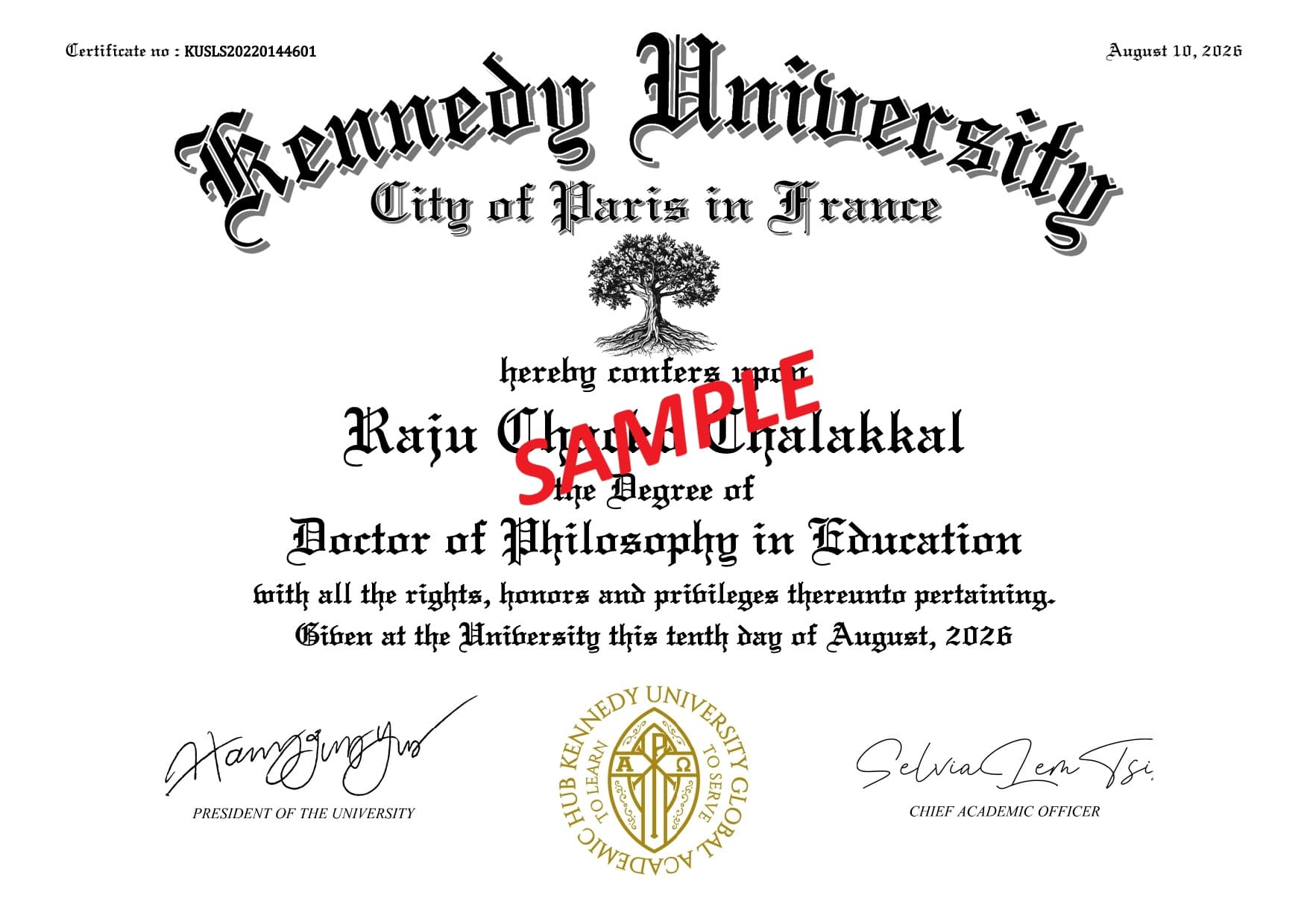 Kennedy University PhD degree