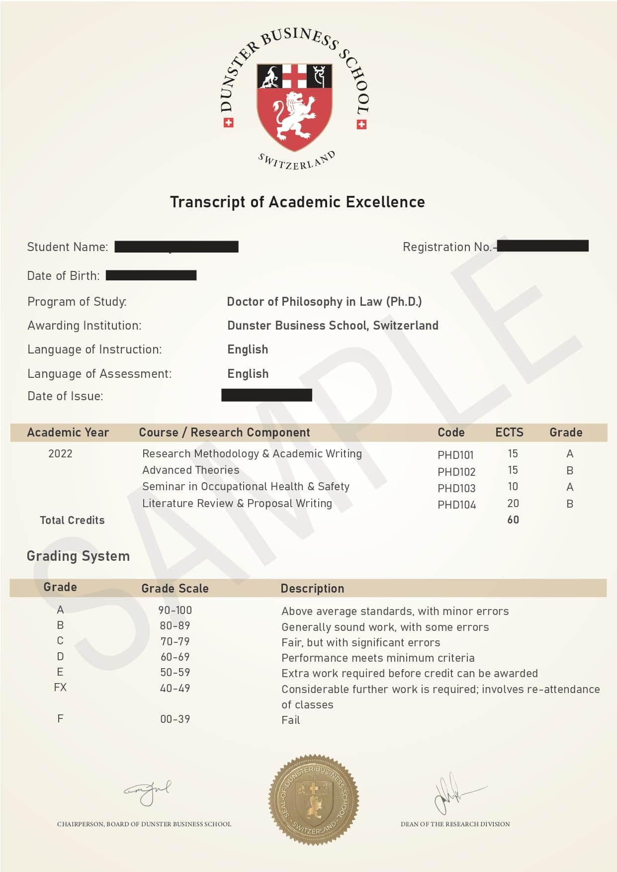 Dunster Business School PhD degree